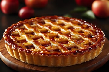 Fresh baked apple tart with golden lattice crust on wooden board, glazed surface and flaky pastry texture shows detailed pattern against dark background.