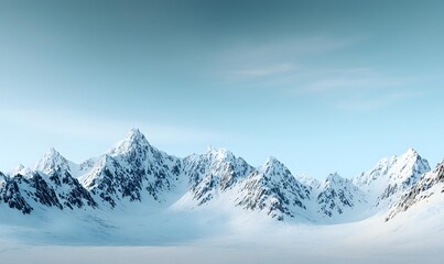 Majestic snow-covered mountain peaks rise against soft turquoise sky creating serene winter landscape panorama. Pristine alpine scenery with dramatic ridgelines and valleys.