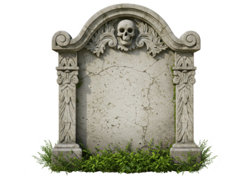 Ornate weathered stone tombstone with skull carving, isolated on transparent background