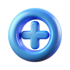 Fototapeta premium Glossy blue circular icon featuring a raised plus symbol in the center isolated on transparent background