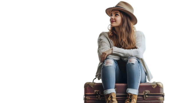 Woman with hat sitting on vintage suitcase looking up with thoughtful expression on a black background