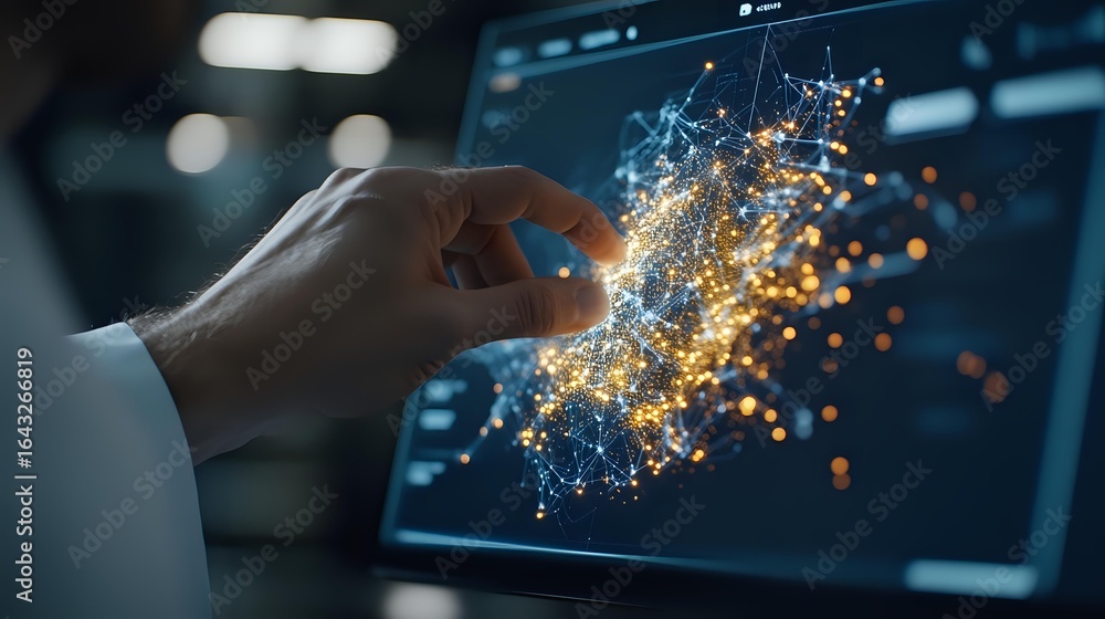 Poster finger pointing at glowing network visualization on digital screen showing interconnected nodes with