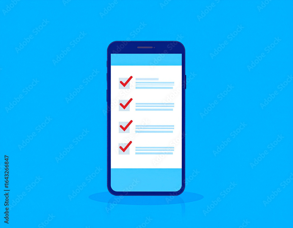 Poster modern smartphone displaying a completed checklist with red checkmarks on a vibrant blue background