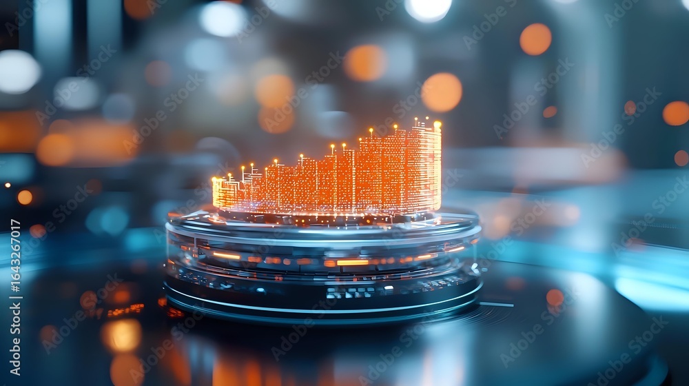 Poster Glowing orange bar graph chart on futuristic circular platform with digital elements and bokeh background showing business growth analytics data.