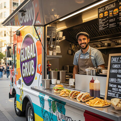 Man stands behind a food truck with a smiling face
