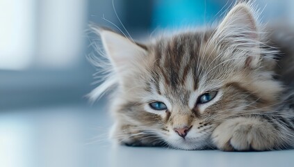 Naklejka premium Sleepy gray tabby kitten with striking blue eyes lying down on light surface against blurred background, soft focus portrait creating dreamy atmosphere.