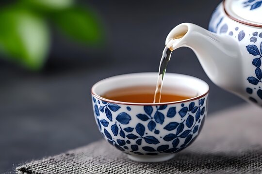Pouring hot tea from traditional blue and white porcelain teapot into matching ceramic cup with floral pattern on dark background, close up view of steaming drink. - Powered by Adobe
