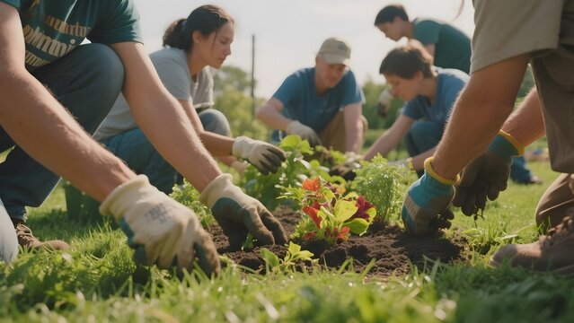 Group of volunteers planting flowers in a community garden - Powered by Adobe