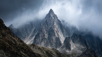 Rocky mountain peak shrouded by clouds. Adventure concept background. Stock image
