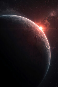A cinematic view of Gliese 581d from space, featuring a dark, bluish-gray rocky planet with a faint red atmosphere, swirling cloud layers, polar ice caps, distant stars, cosmic dust, and nebulae, with
