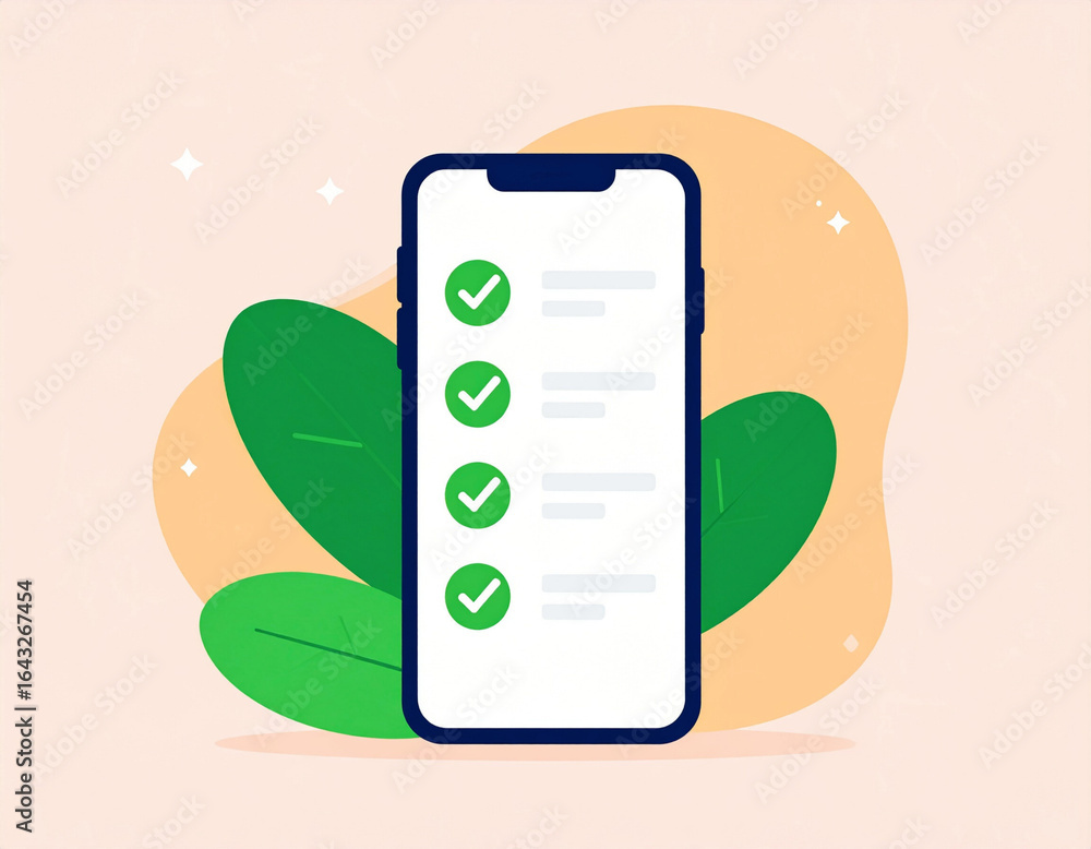 Poster modern smartphone displaying a completed task list with green checkmarks and abstract organic shapes