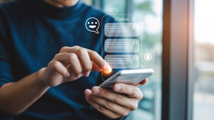 AI Chatbot - A man holding a smartphone, with a glowing chatbot and chat bubbles, symbolizing conversational AI and customer support