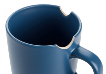 Closeup of a blue matte ceramic mug with a chipped rim isolated on transparent background