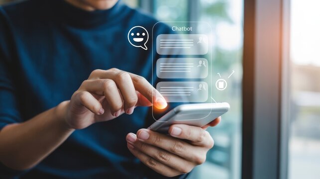 AI Chatbot - A man holding a smartphone, with a glowing chatbot and chat bubbles, symbolizing conversational AI and customer support