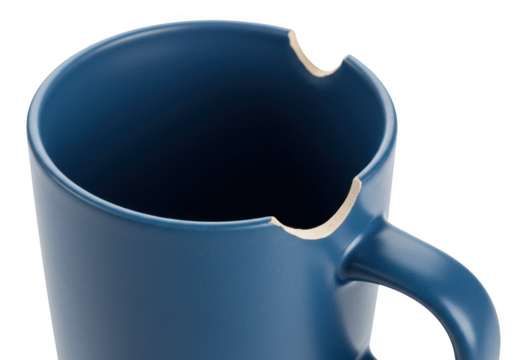 Closeup of a blue matte ceramic mug with a chipped rim isolated on transparent background