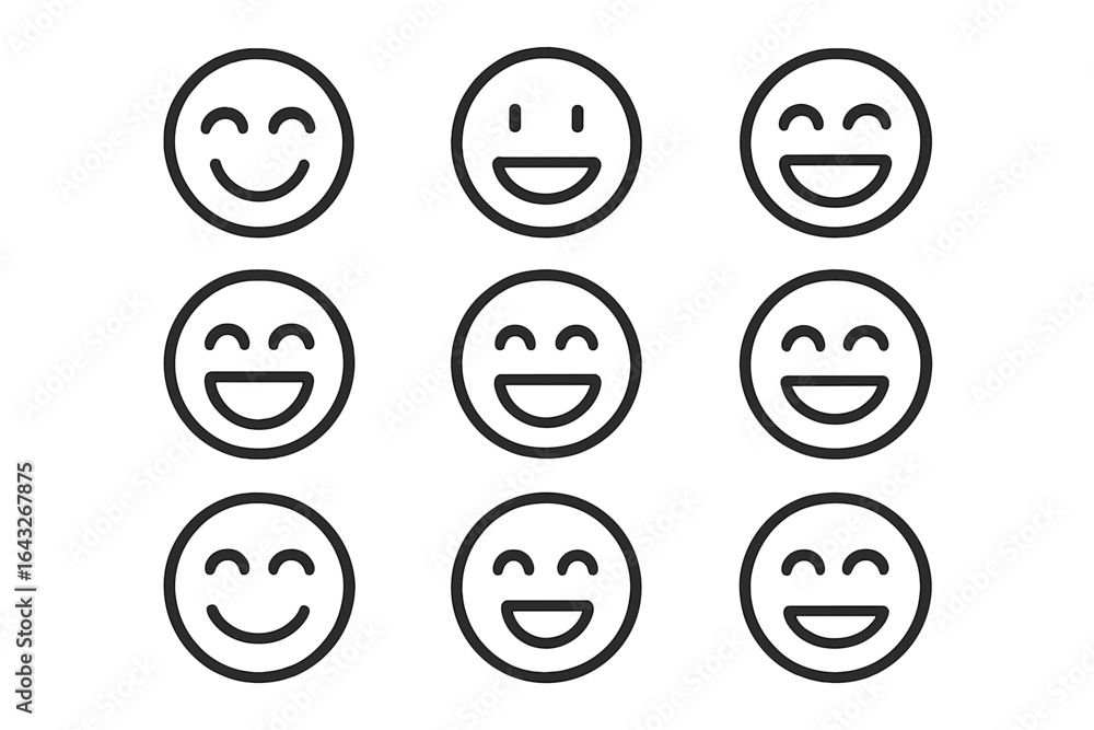 Poster collection of simple smiley faces expressing happiness in a minimalistic layout on a white backgroun