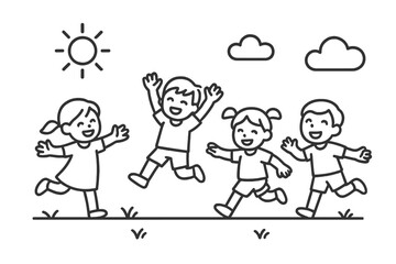 Children playing joyfully outdoors on a sunny day with clouds in the background and grass beneath their feet