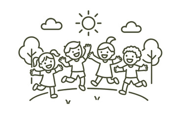 Kids enjoying a sunny day outdoors, playing and laughing together in a park surrounded by trees and clouds