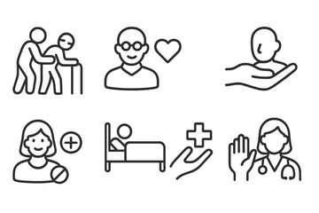 Caregiving icons illustrating support, health, and compassion for the elderly in a simple design