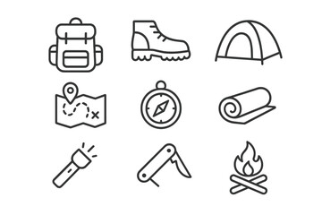 Essential camping gear and tools arranged in a grid with camping elements for outdoor adventures