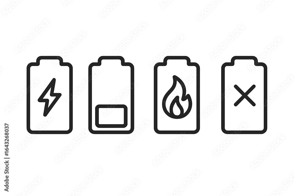 Poster battery status icons representing charge levels and energy indicators in a simplistic design