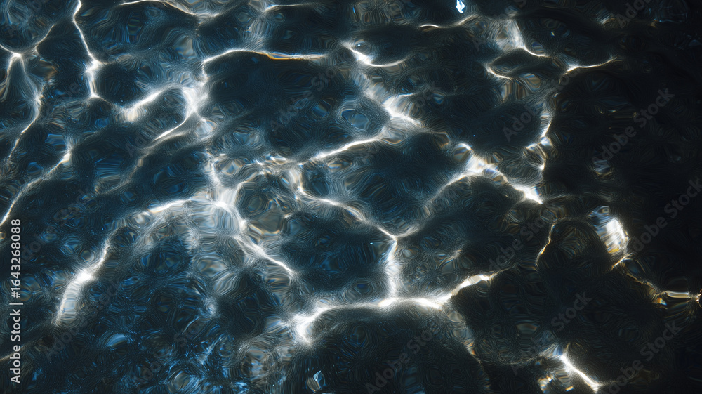 Poster overhead view of water surface with dynamic ripples, sunlight reflection, abstract pattern, tranquil