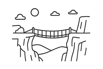Suspended bridge connecting two cliffs in a mountainous landscape with a bright sun and scattered clouds
