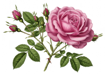 A vibrant pink rose with multiple buds and green leaves, isolated on transparent background