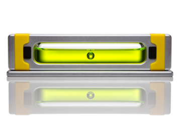 Closeup of a spirit level with a green bubble indicating a perfectly horizontal alignment, isolated on transparent background