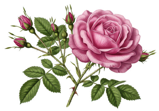 A vibrant pink rose with multiple buds and green leaves, isolated on transparent background