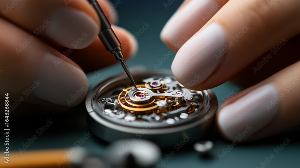Poster close-up of a watchmaker assembling intricate timepiece mechanism with precision tools