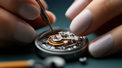 Close-up of a Watchmaker Assembling Intricate Timepiece Mechanism with Precision Tools