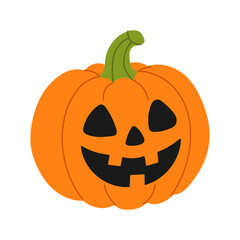 A cartoon pumpkin with a smile on its face. The pumpkin is orange and has a black face with two eyes and a mouth