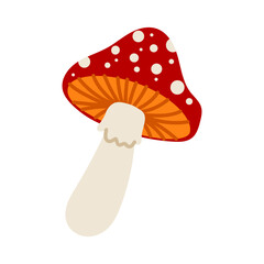 A red mushroom with white spots on it. It is a cartoon drawing of a mushroom
