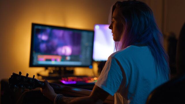 Young woman with colorful hair playing guitar and singing while streaming in cozy gaming room, creative and relaxed atmosphere