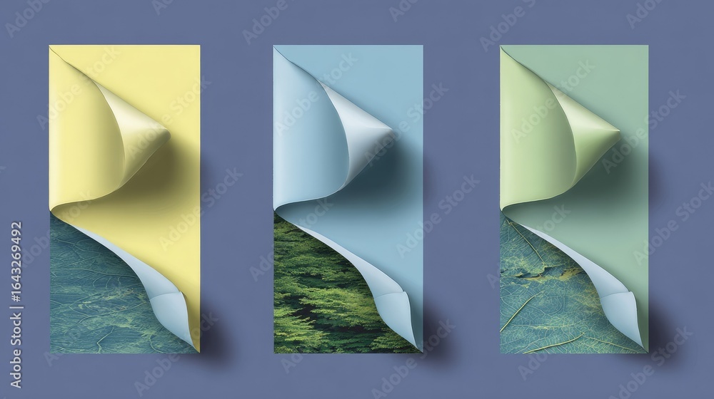 Poster three panels of paper with curled edges and different color backgrounds.
