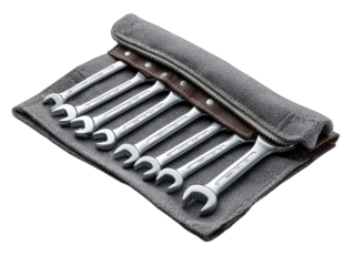 Set of adjustable wrenches in a gray canvas roll