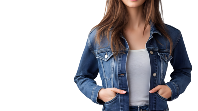 A woman wearing a denim jacket with her hands in her pockets against a black background studio shot