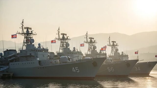 North Korean Navy Fleet Docked at Sunrise: A Powerful Display of Military Might in the Port