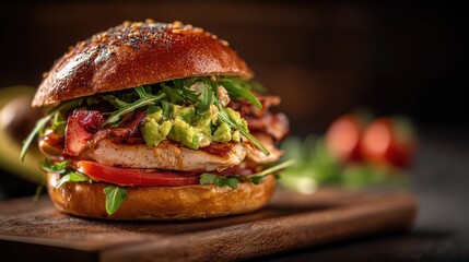 Delicious handcrafted burger with chicken bacon avocado tomato and fresh greens gourmet food concept.