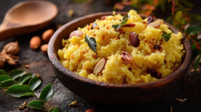 Delicious savory dish a bowl of indian food upma with almonds and curry leaves close up view.