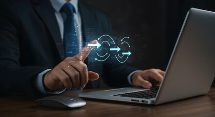 Businessman interacts with digital workflow,  managing data flow on laptop.