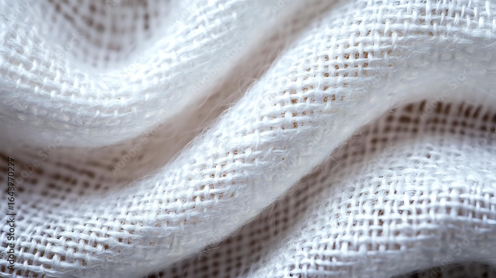 Poster clean white linen fabric with natural texture and soft waves creates gentle folds and shadows, macro