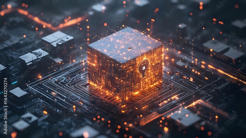 Poster glowing orange cube with lock symbol on circuit board represents cybersecurity and data protection c