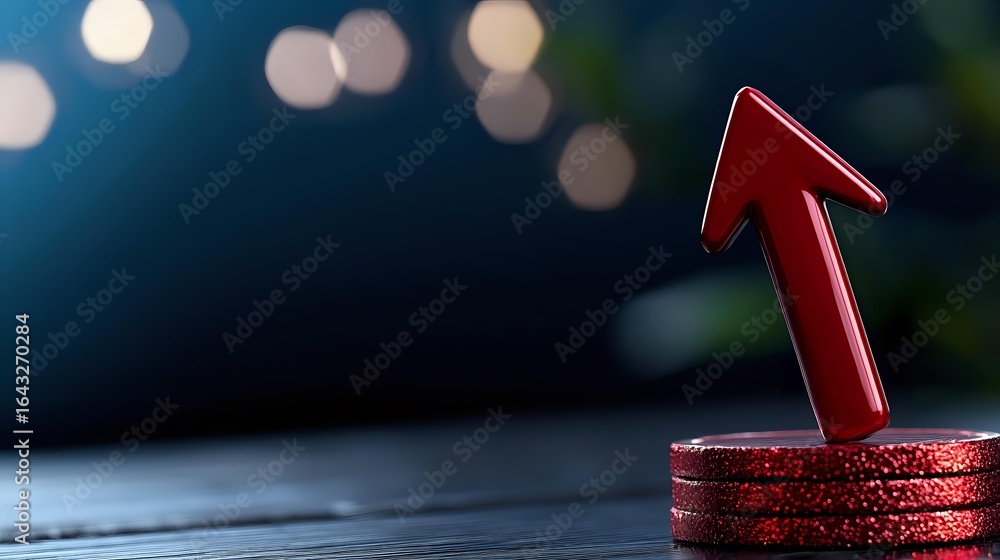 Poster red metallic arrow pointing upward on stack of coins against dark background with bokeh lights, symb