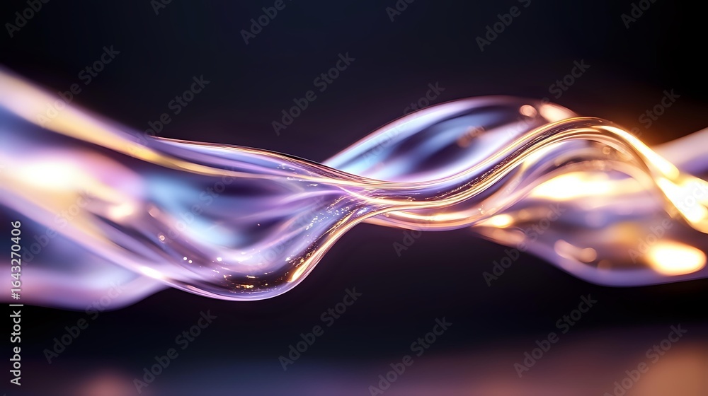 Poster luminous flowing waves of light in purple and gold colors create dynamic abstract pattern against da