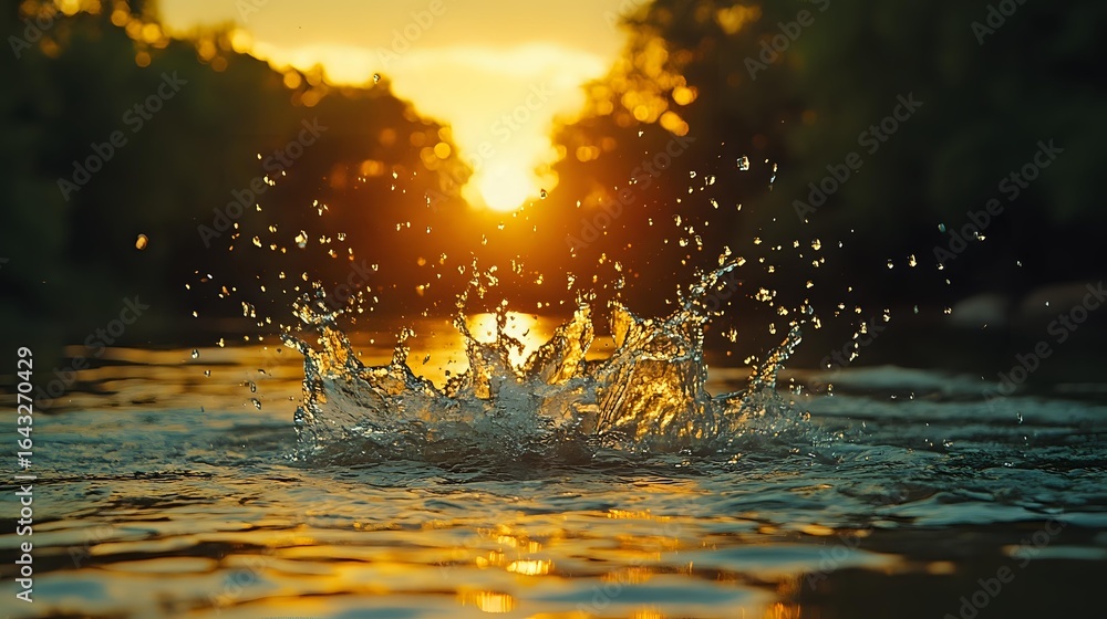 Poster water splash in lake at golden sunset with sun rays shining through trees creating magical atmospher
