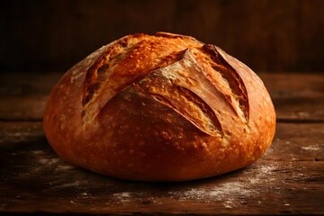 Freshly baked loaf of sourdough bread on a rustic wooden table.