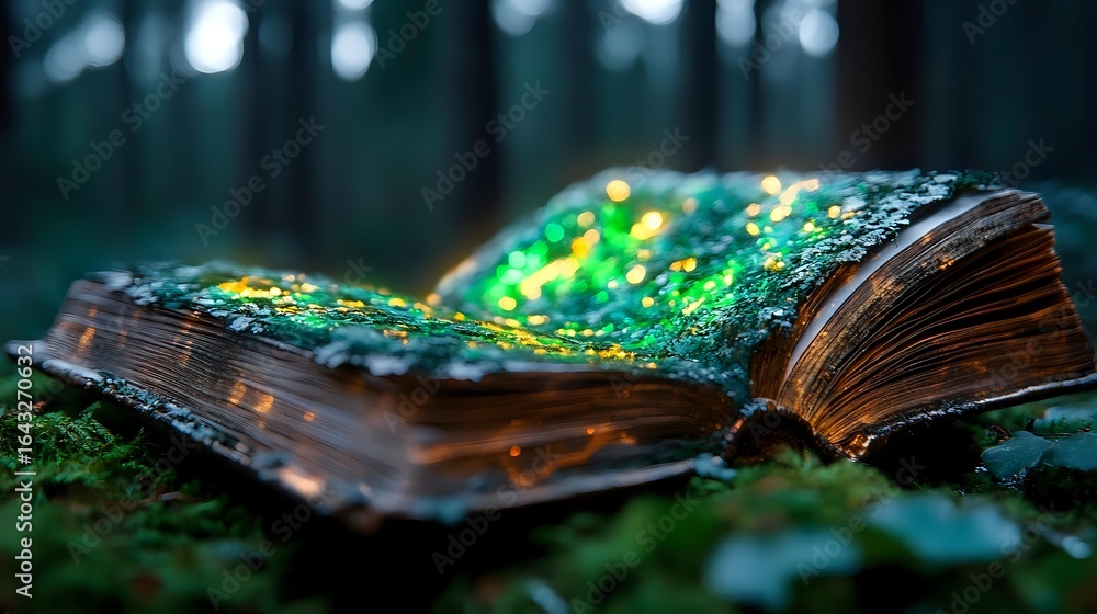 Poster mystical open book with glowing magical sparkles and moss in dark enchanted forest setting, creating