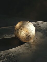 Golden metallic sphere with textured surface casting dramatic shadows on rough concrete surface in moody dark setting, artistic still life photography.